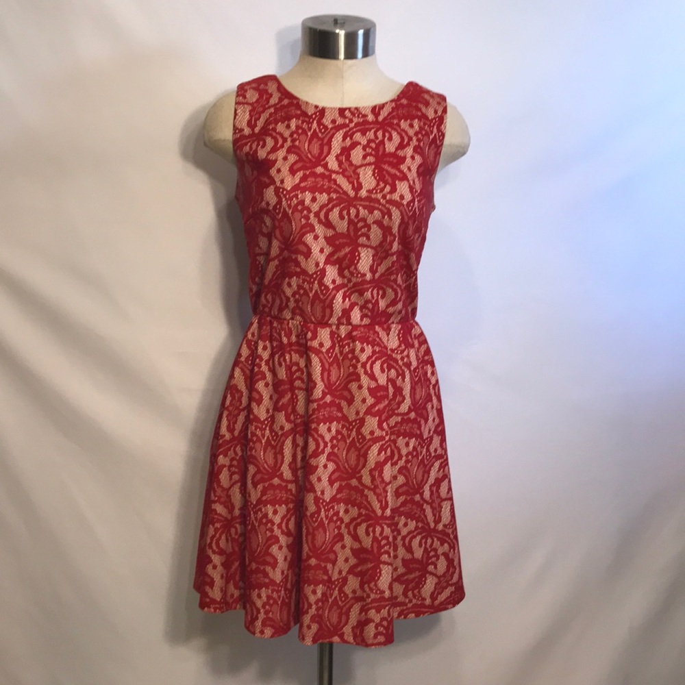 Red and beige lace pattern dress